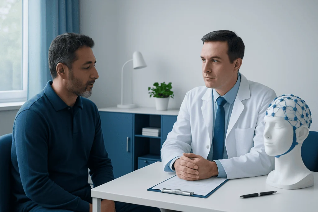 Doctor consulting patient about neurological sleep evaluation in a clinic setting.