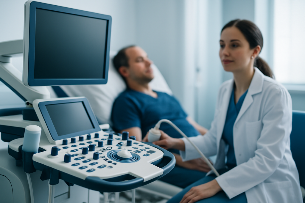Medical professional performing ultrasound on patient in hospital.