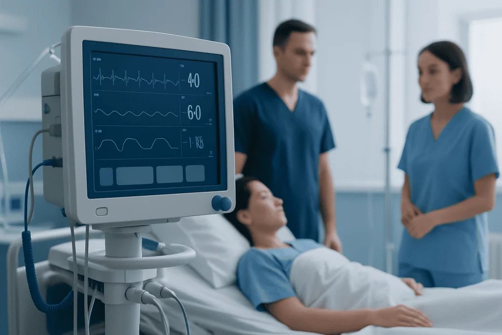 Hospital patient monitored with ECG in a clinical setting.