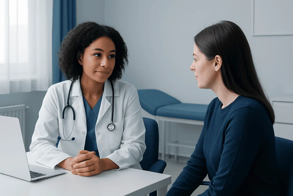 Doctor consulting with a patient in a medical office setting.