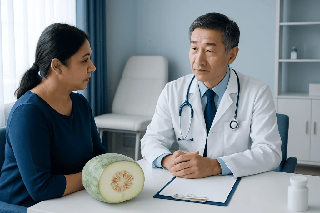Doctor consulting with a patient about health in a medical office.