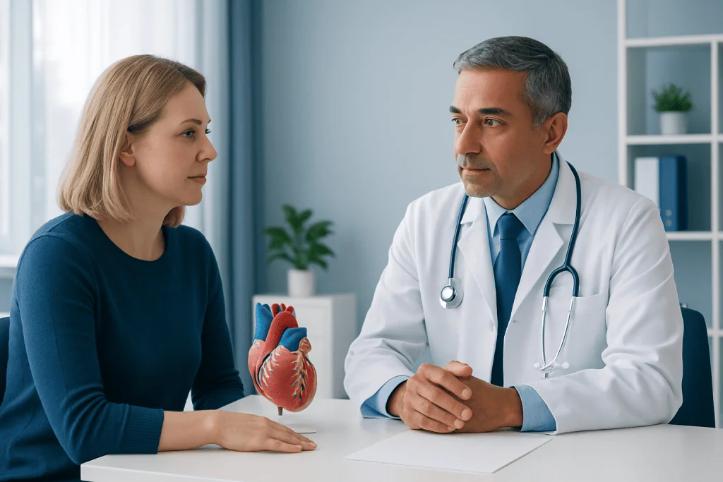 Doctor explaining heart health to a patient with a heart model.