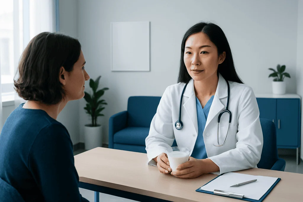 Doctor consulting with patient in a modern clinic setting.
