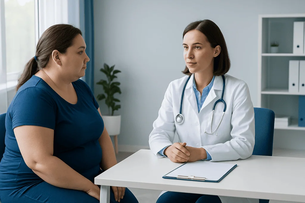 Doctor consulting with a patient about health in a medical office.
