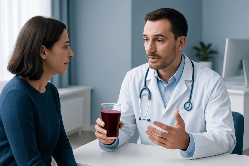 Doctor explaining health benefits of beet juice to a patient in a clinic setting.