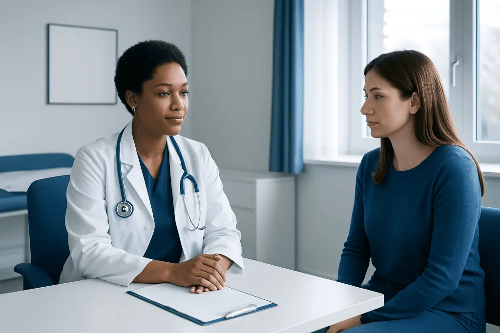 Doctor consulting with a patient in a modern medical office.