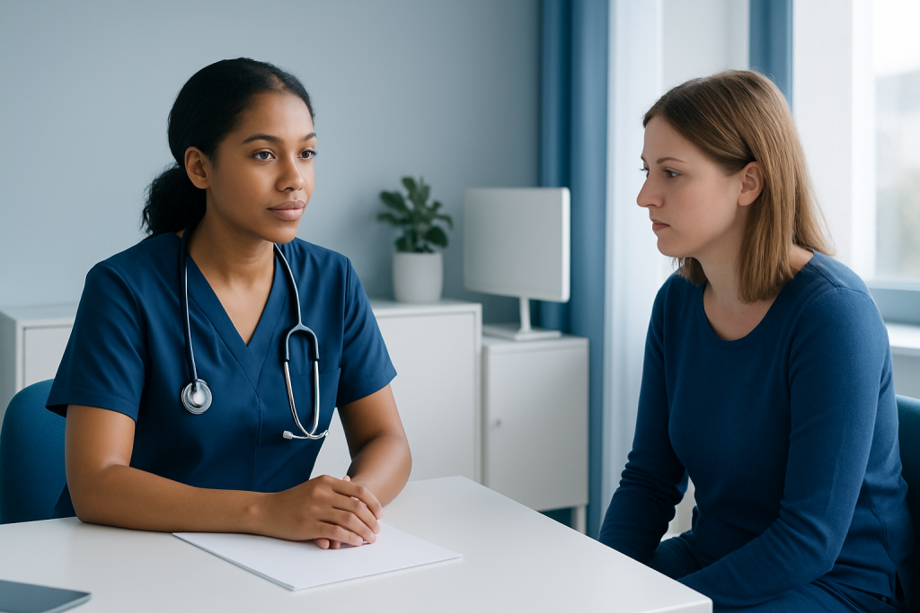 Medical consultation between a nurse and a patient in a clinic setting.