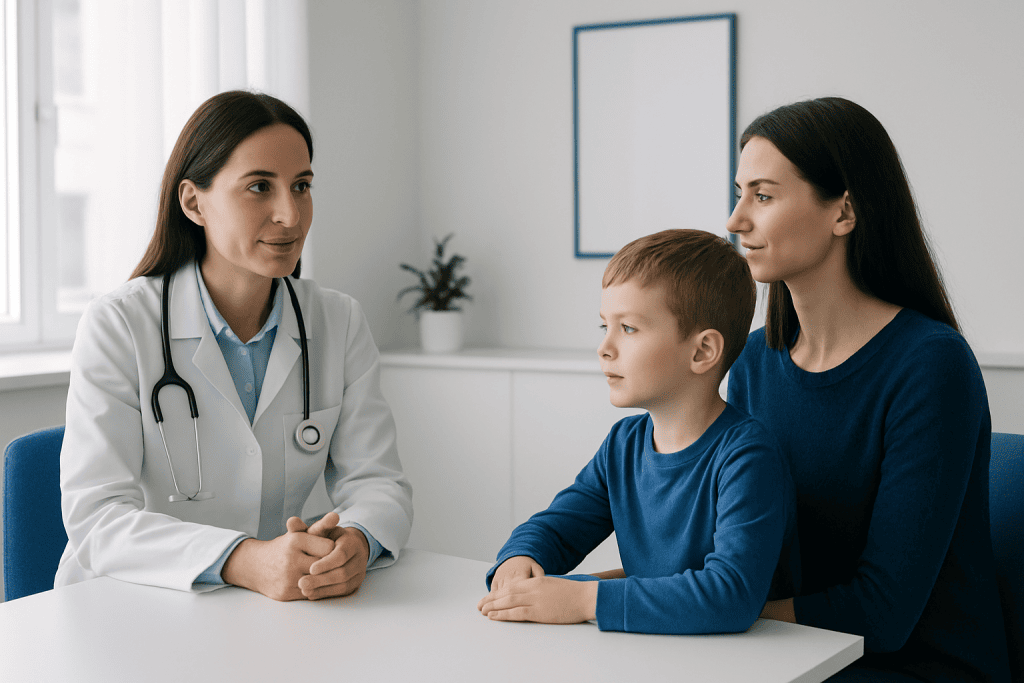 Pediatric consultation at a hospital with a doctor and mother with child.