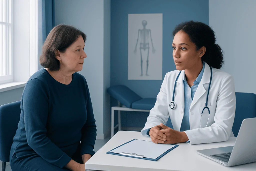 Doctor consulting with a patient in a medical office with skeleton diagram in background.