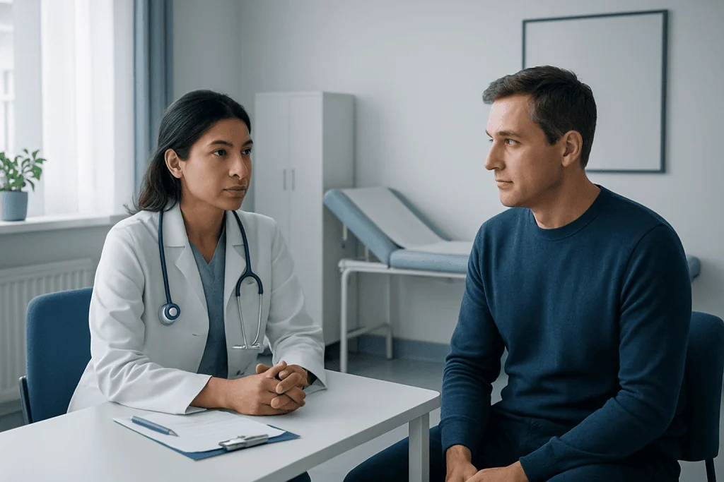 Doctor consulting with male patient in a medical office setting.