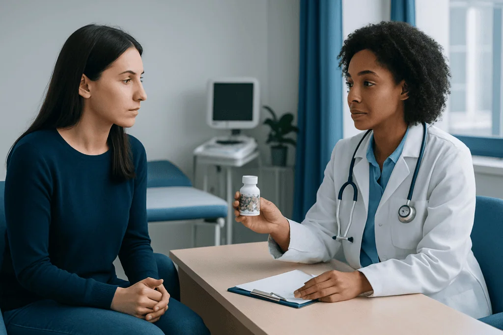 Doctor explaining herbal supplement to patient in consultation room.