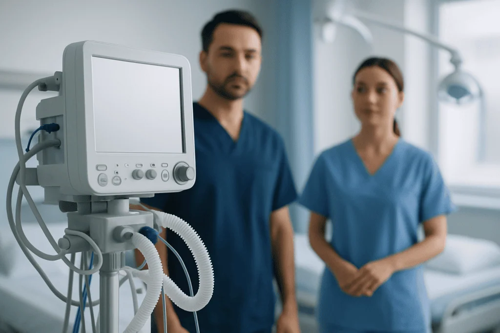 Medical professionals in a hospital room with monitoring equipment.