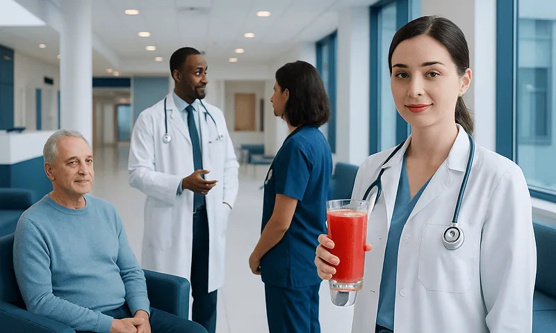 Young female doctor holding a glass of watermelon juice in hospital corridor.