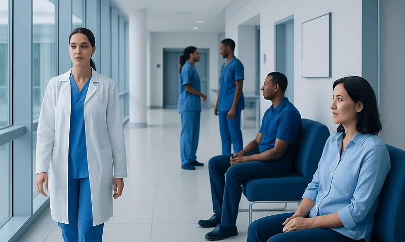 Medical staff waiting in hospital corridor with a doctor in foreground.