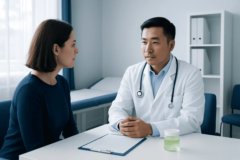 Doctor consulting with a female patient in a medical office setting.