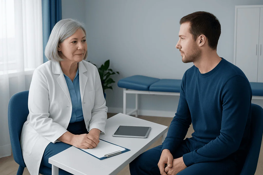 Doctor consulting with a young male patient in a medical office.