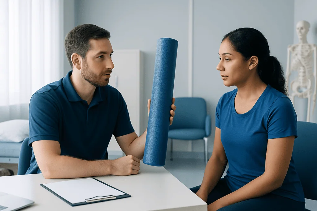 Physical therapist demonstrates foam roller exercises to patient in clinic.