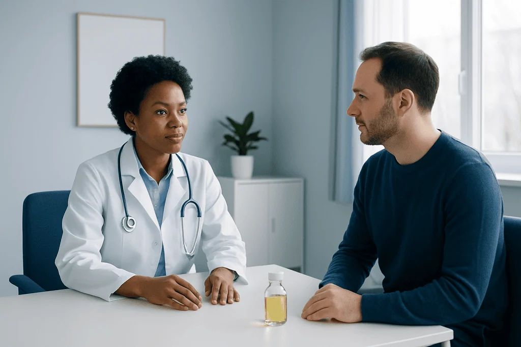 Doctor consulting with male patient in a medical office.