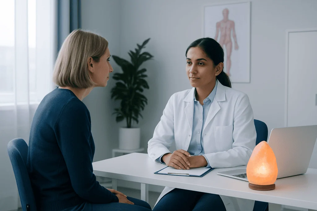 Doctor consulting with patient in a medical office setting.