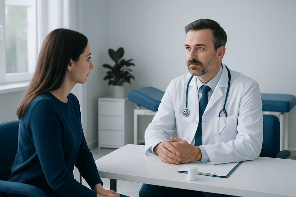 Doctor consulting with a female patient in a modern medical office.