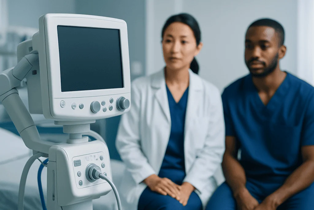 Medical professionals in a hospital setting with ultrasound equipment.