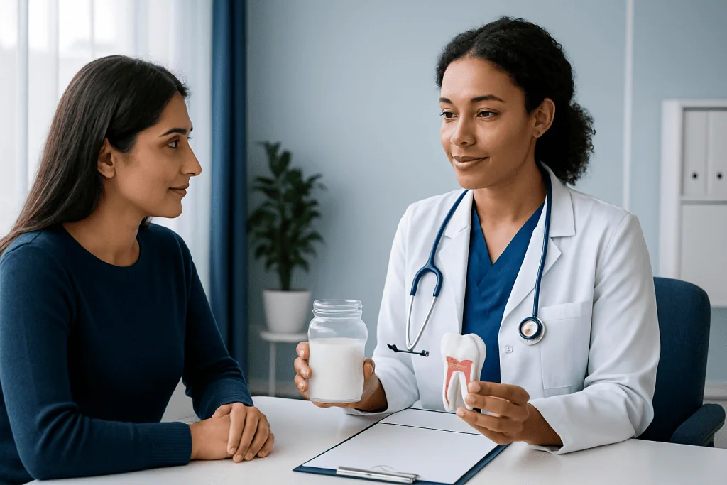 Dentist explaining dental health to a patient with a jar of milk and dental model.