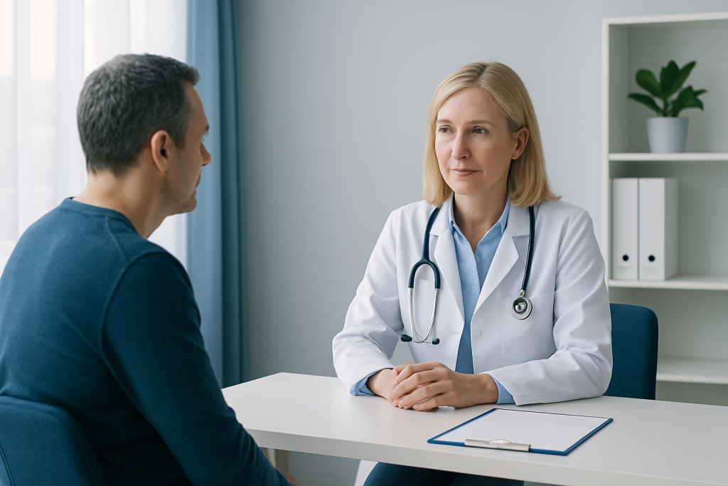 Doctor consulting with a patient in a modern medical office.