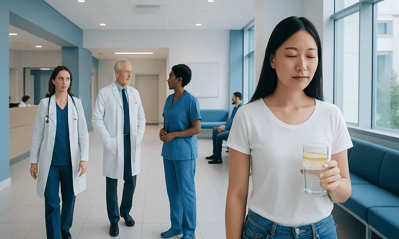 Young woman holding glass of water in hospital corridor with medical staff.