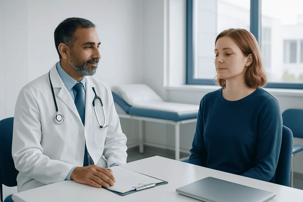 Doctor consulting a patient in a modern hospital room.