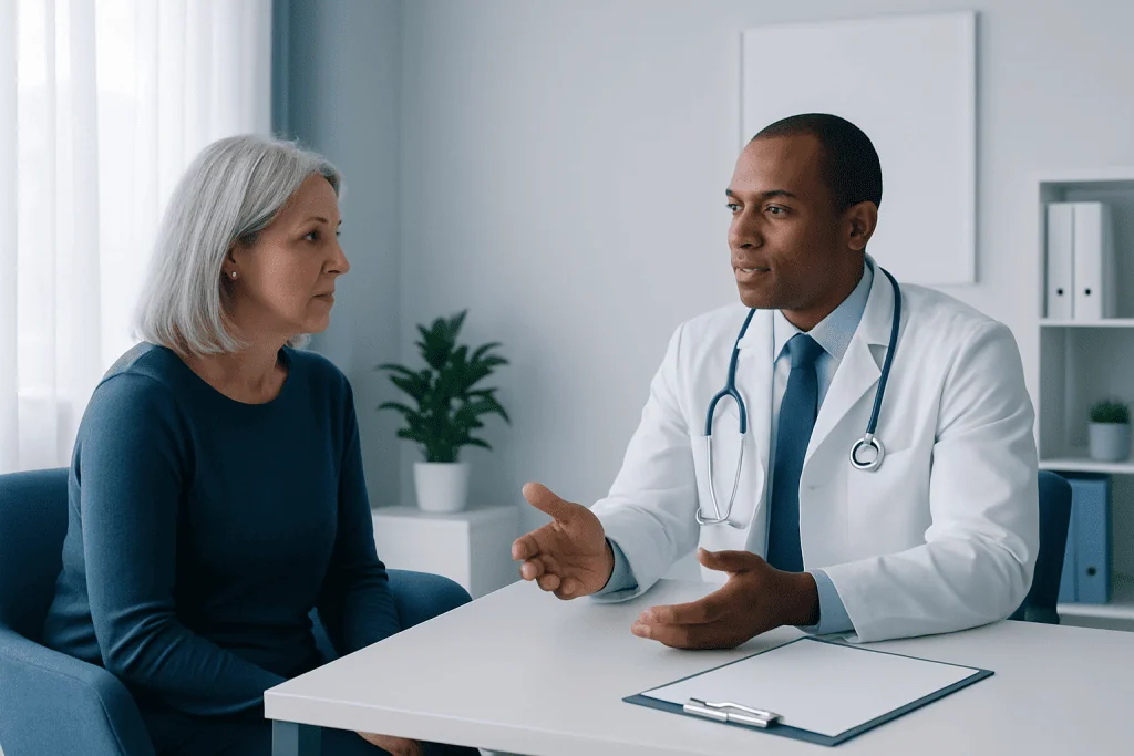 Doctor consulting with a female patient in a modern clinic setting.