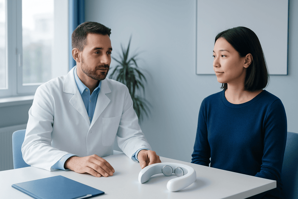Doctor explaining neck massager to patient in a clinical setting.