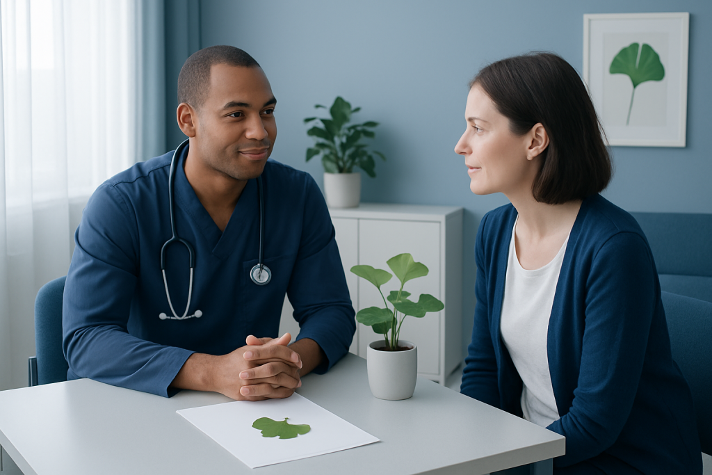 Doctor consulting with a patient about Biloba plants in a medical office.
