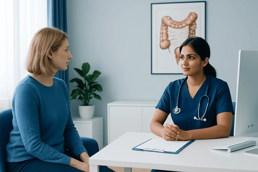 Doctor consulting with patient about colon health in a medical office.