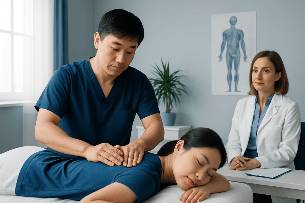 Therapist performing massage therapy on a patient in a clinical setting.