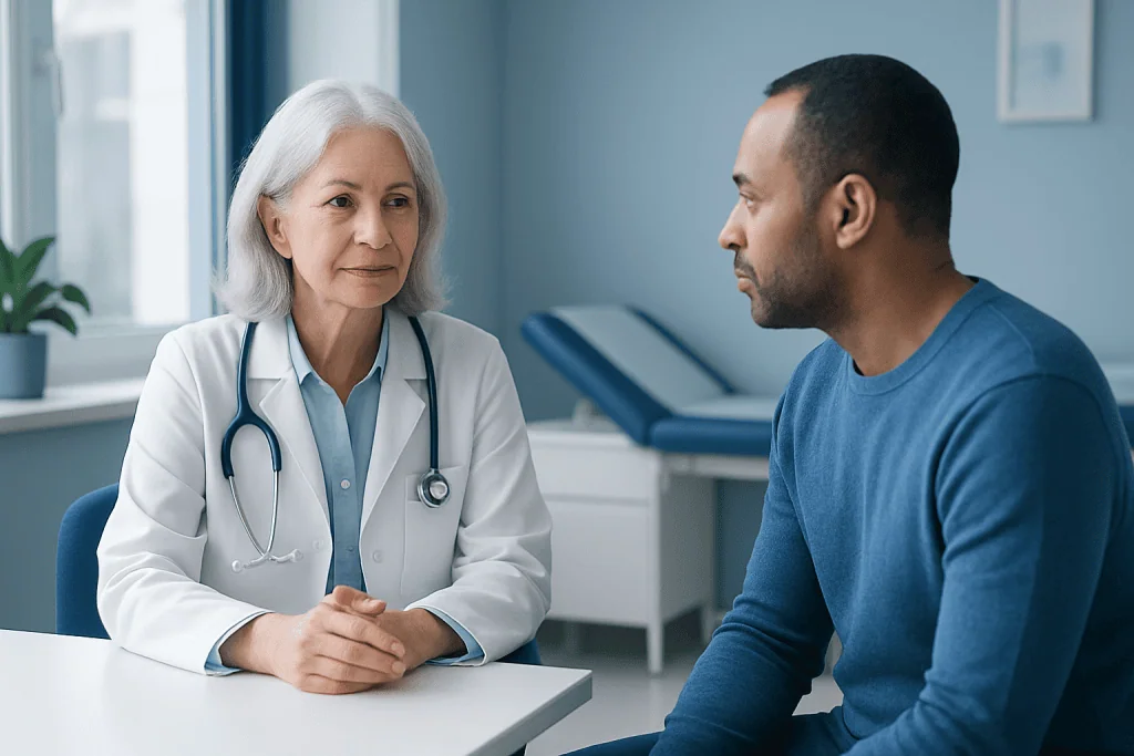 Doctor consulting with a patient in a medical office.