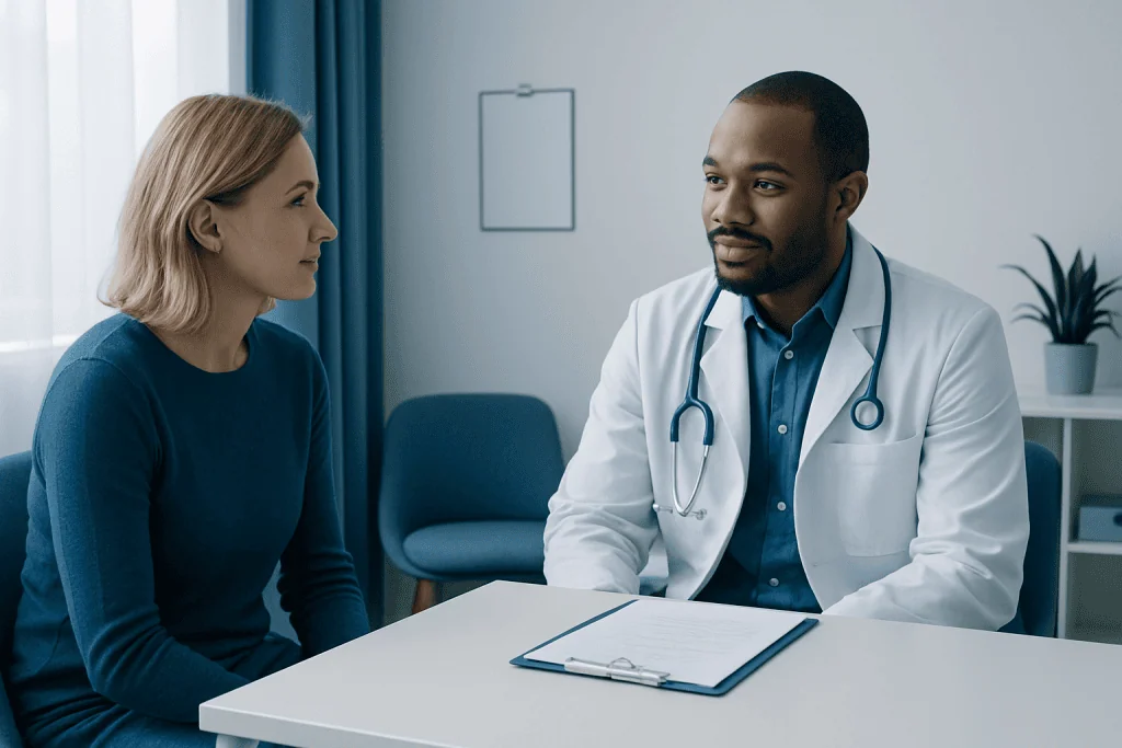 Doctor consulting with a female patient in a medical office setting.