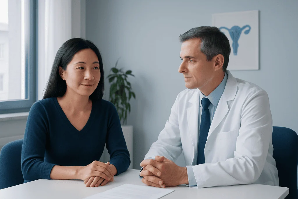 Doctor consulting with a female patient in a medical office.