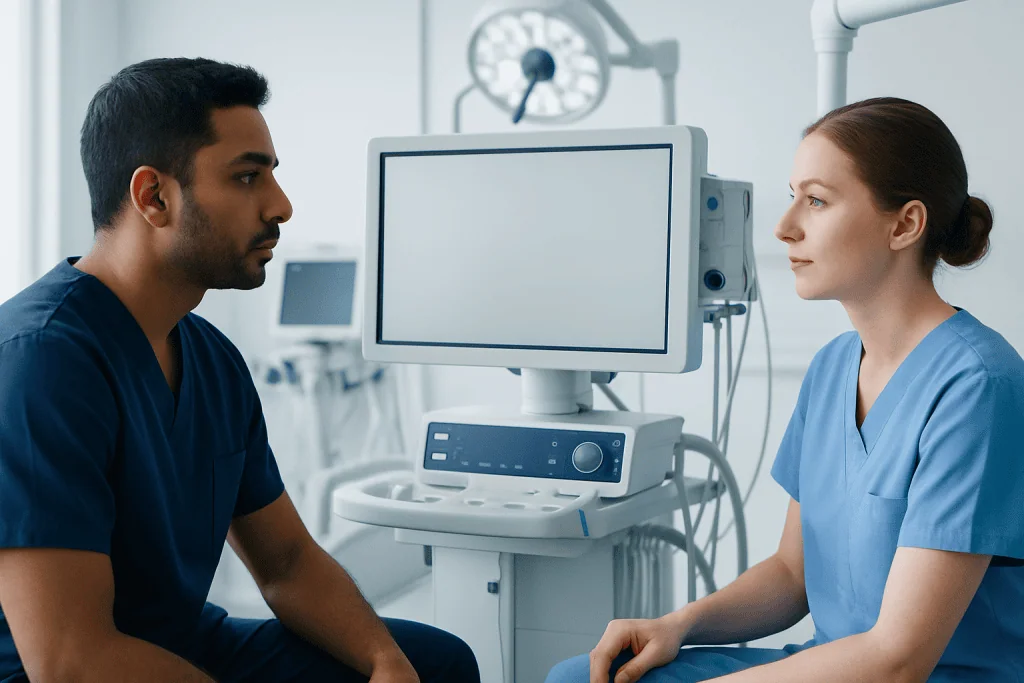 Medical consultation between healthcare professionals in a hospital setting.