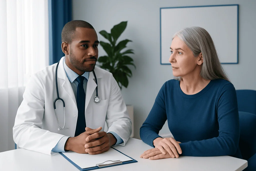 Doctor consulting with an elderly female patient in a medical office.