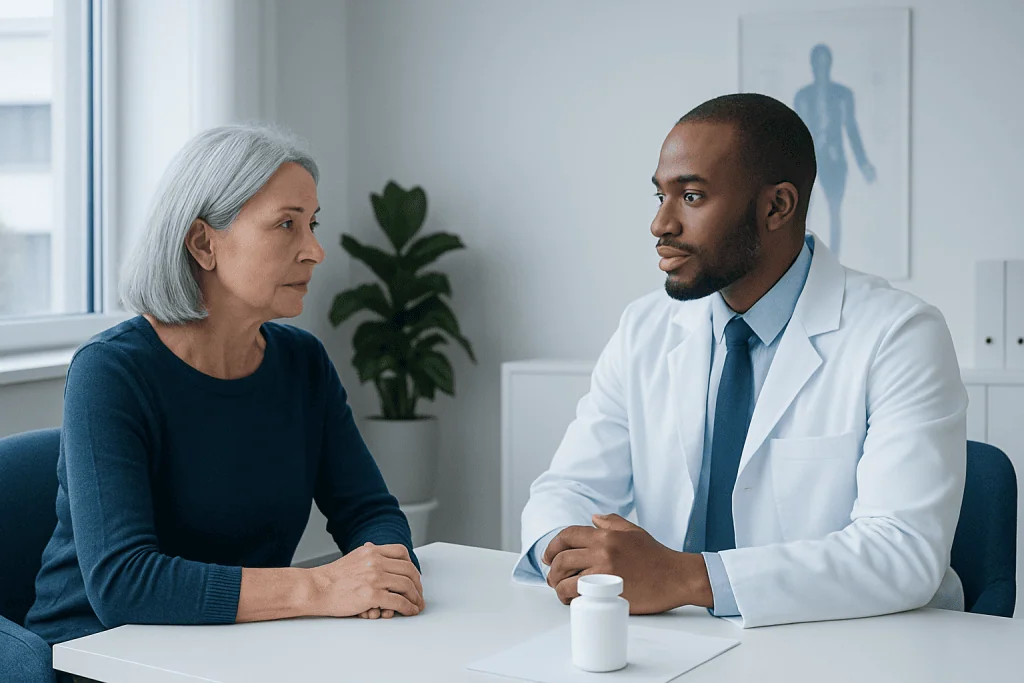 Doctor consulting with an elderly female patient in a modern clinic.
