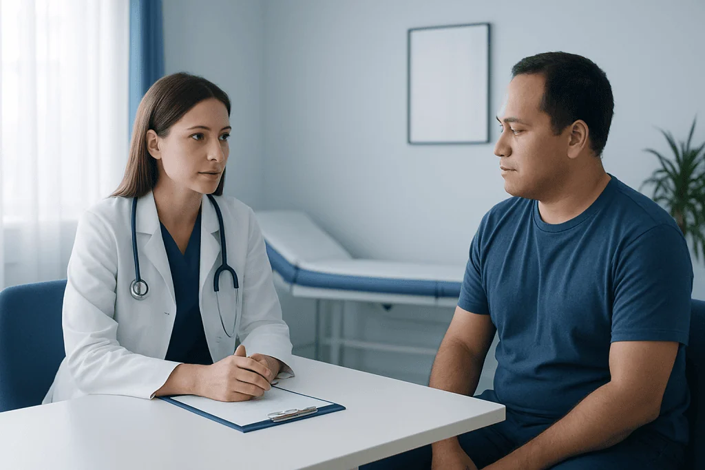 Doctor consulting with patient in a medical examination room.