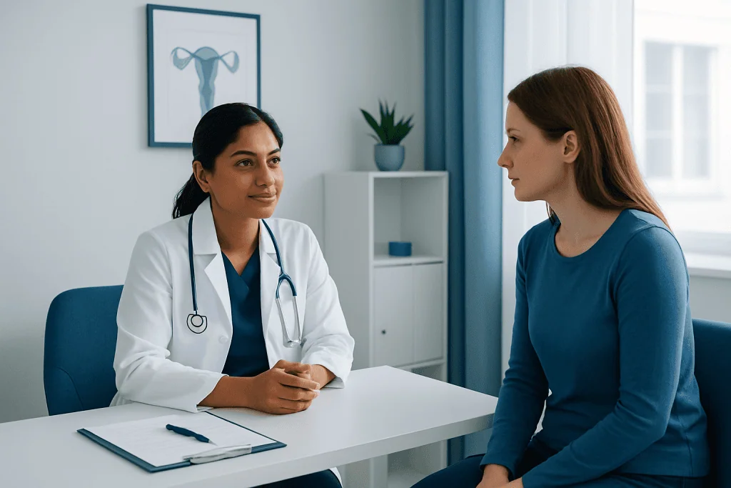 Doctor consulting with a patient in a modern medical office setting.