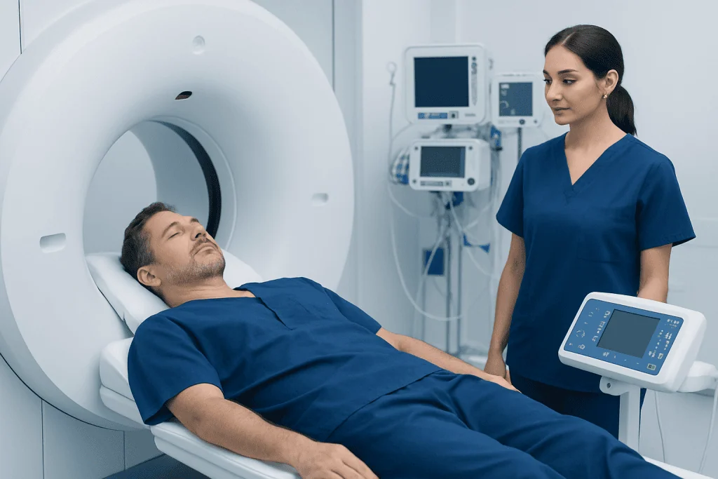 Patient undergoing MRI scan at Acibadem Hospital with medical staff present.