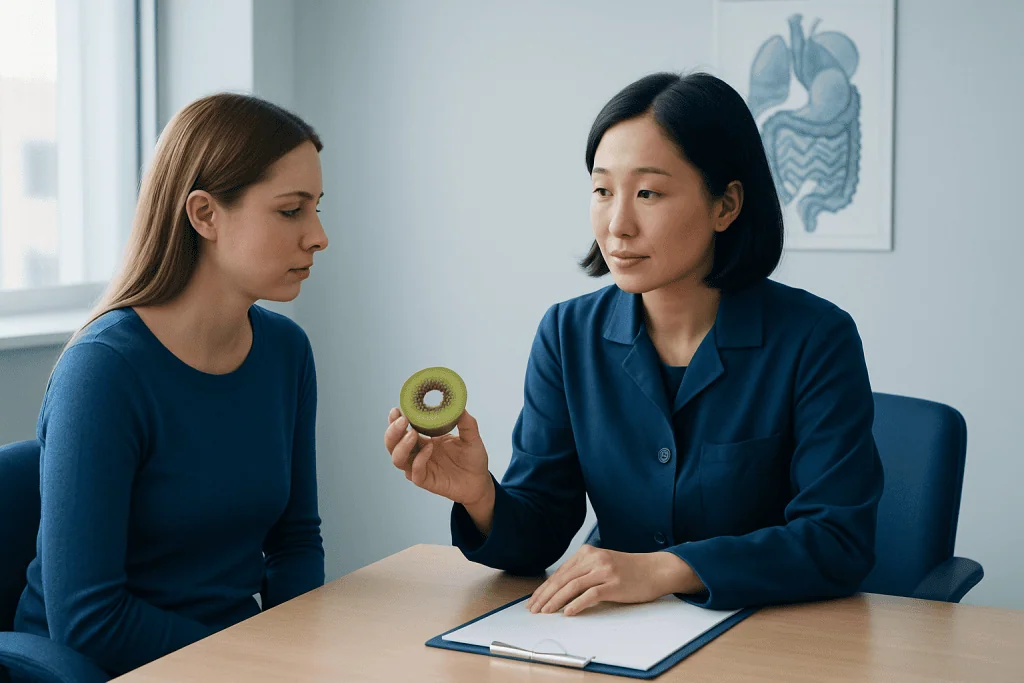 Doctor explaining health benefits of kiwi to patient in consultation room.