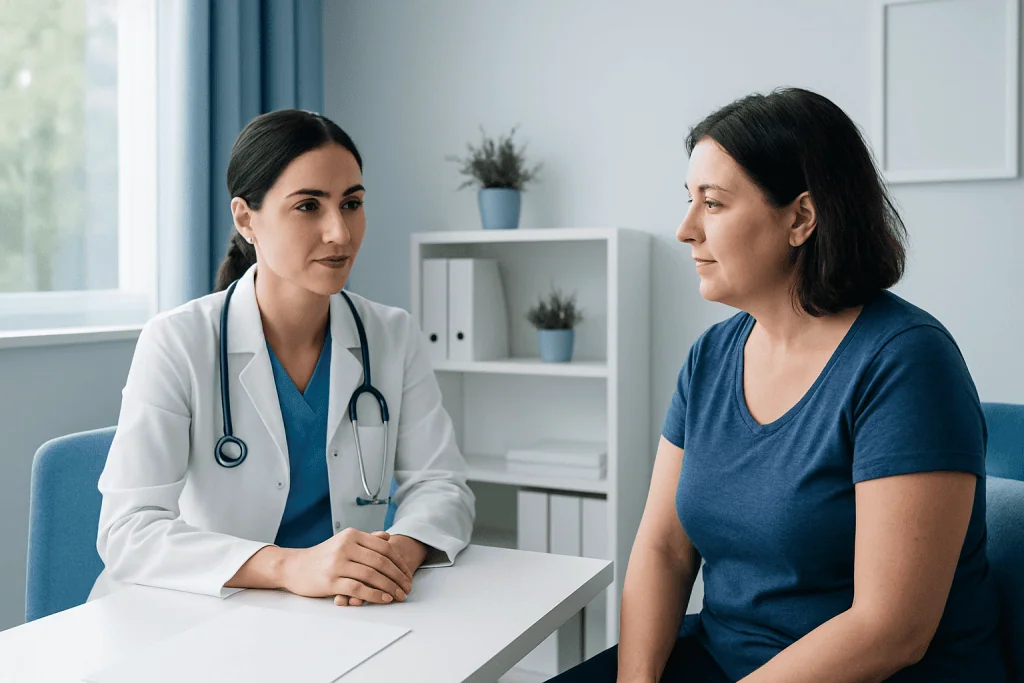 Doctor consulting with a patient in a modern medical office.