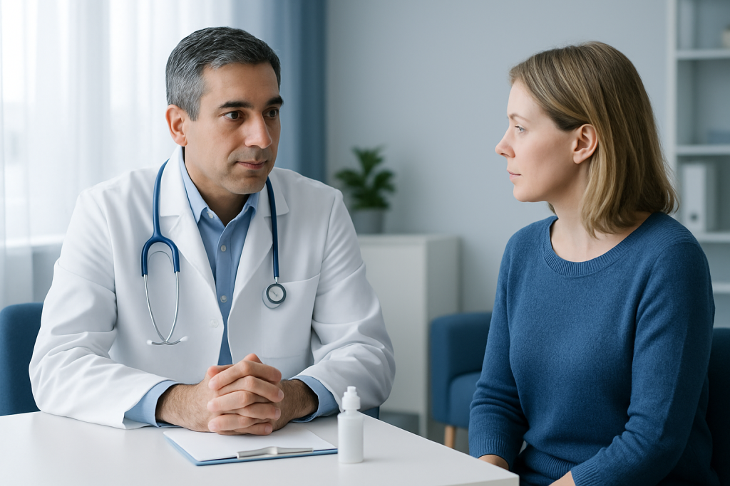 Doctor consulting with a female patient in a medical office.