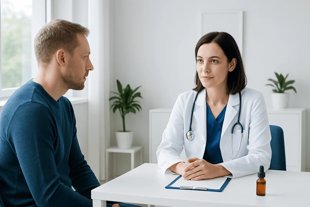 Doctor consulting with a patient in a modern medical office.