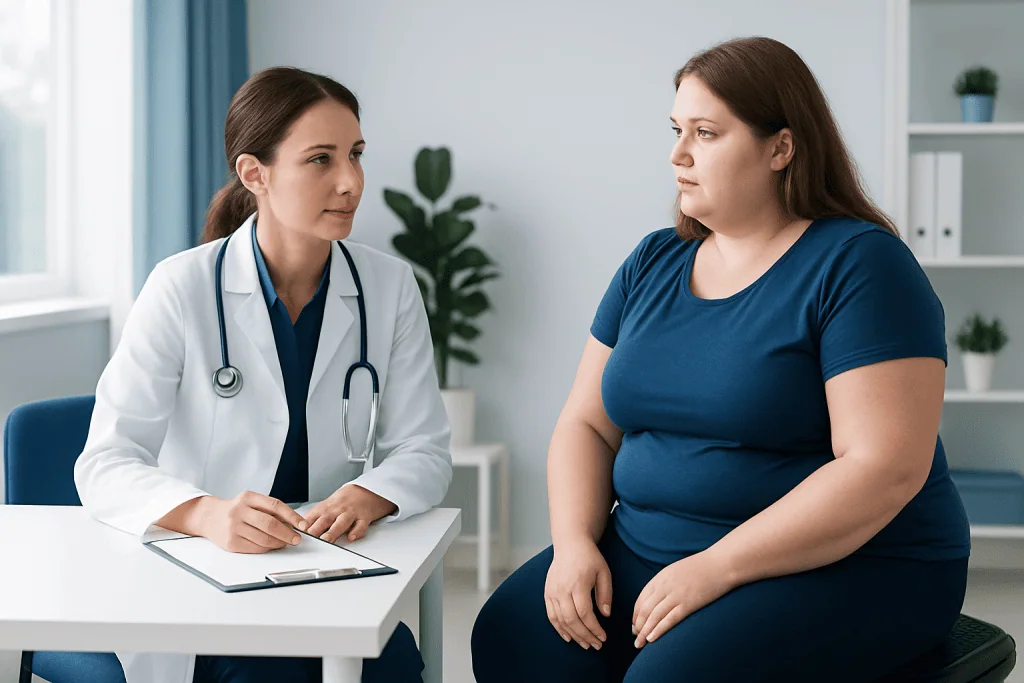 Doctor consulting a patient about weight loss options in a clinic setting.