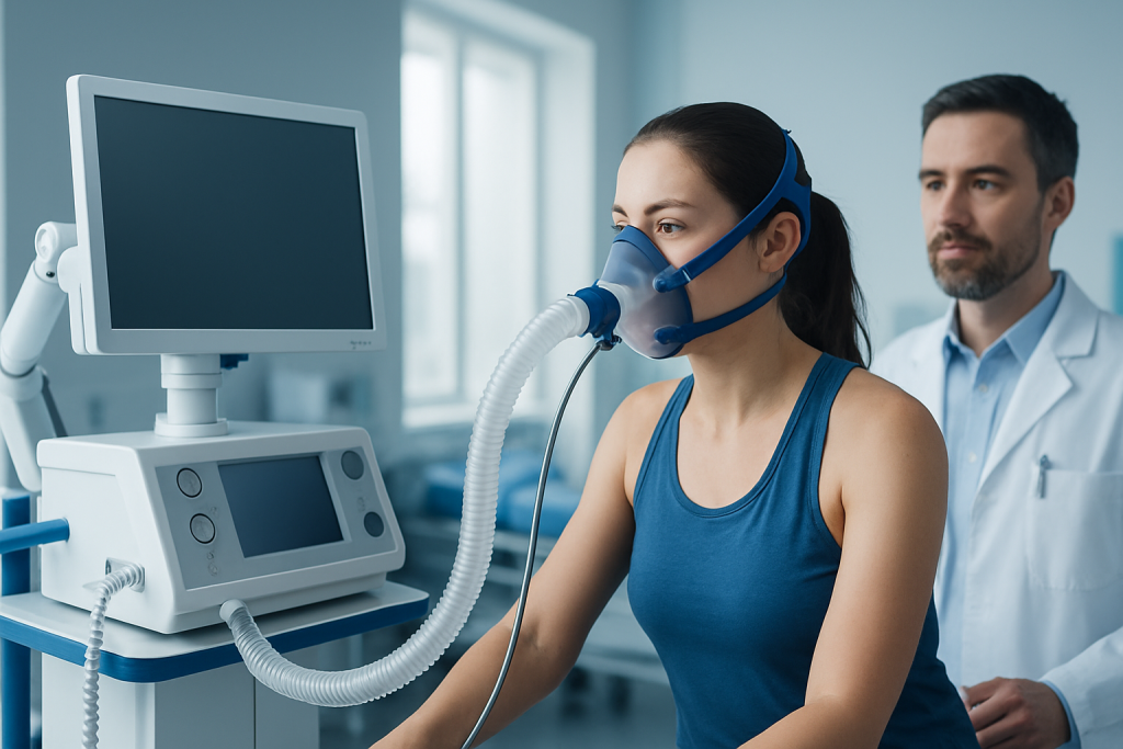 Medical test with a woman using a breathing mask at a hospital.