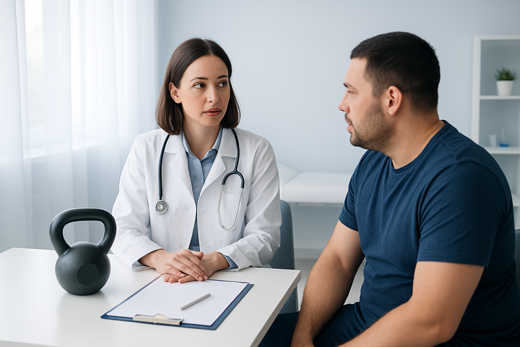 Doctor consulting with male patient in a medical office at Acibadem Hospitals Group.
